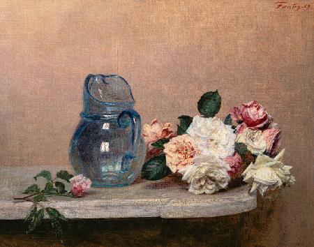 Glasvase und Rosen 1889