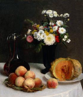 Stillleben mit Karaffe, Blumen und Früchte 1865