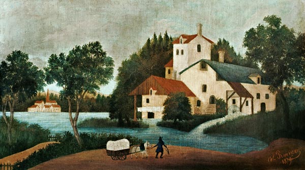 Landschaft mit Wassermühle und Wagen von Henri Julien Félix Rousseau