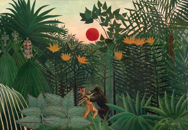 Tropische Landschaft: Amerikanischer Indianer beim Kampf mit einem Gorilla von Henri Julien Félix Rousseau
