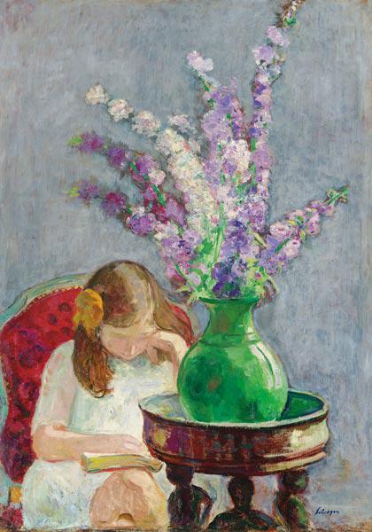 Lesendes Mädchen mit Blumenvase Um 1909
