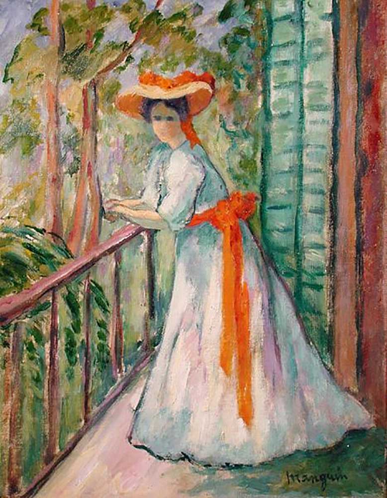 Frau auf einem Balkon oder Jeanne mit einem Orangenband, 1907 von Henri-Charles Manguin