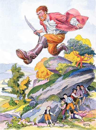 The Ogre hunting for Tom Thumb and his brothers, illustration for a Perrault fairy tale Tom Thumb (L von Henri Thiriet