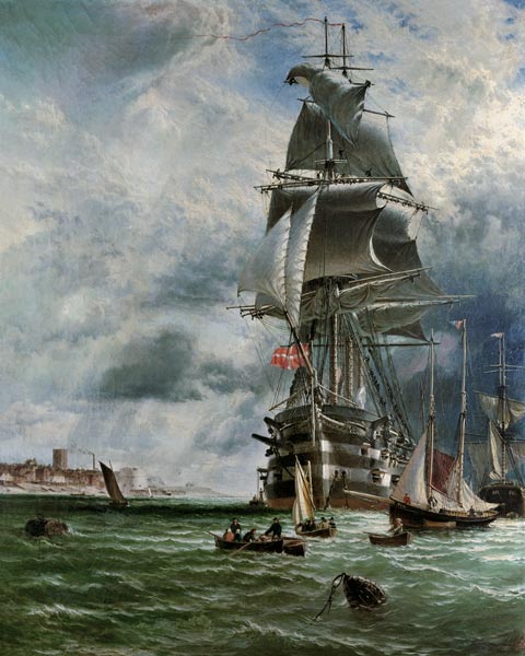 H.M.S. St. Vincent at her Moorings off the Entrance to Haslar Creek, Portsmouth von Henry Dawson