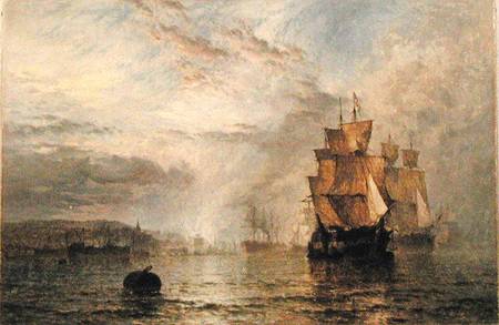Shipping Becalmed in an Estuary at Evening von Henry Dawson