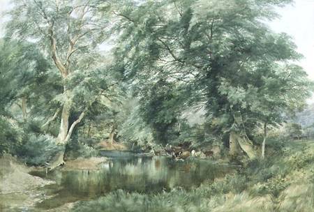 Landscape with Deer Drinking from a River von Henry Jutsum
