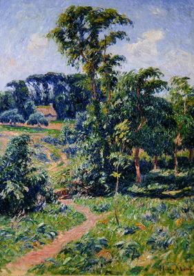 Landscape with trees and a path leading to a cottage (oil on canvas) 15th