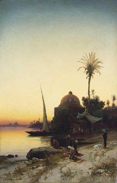 Moslems beim Abendgebet am Ufer des Nil
