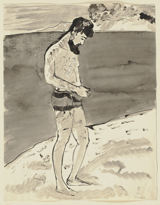 Bärtiger Mann in Badehose an der Côte d’Azur von Hermann Lismann