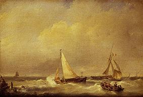 Meerlandschaft mit Segelschiffen und einem Ruderboot. von Hermanus Koekkoek