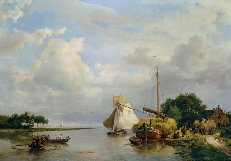 Entladen eines Heu-Kahnes auf dem Fluß Amstel bei Amsterdam. 1864