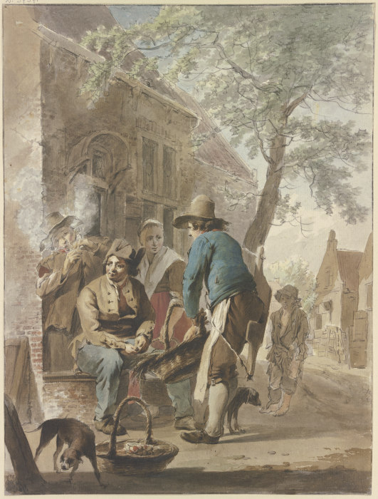 Vor einem Hause bietet ein Bauer mit einem Korb seine Erzeugnisse zum Kauf an, vorn links ein Hund,  von Hermanus van Brussel