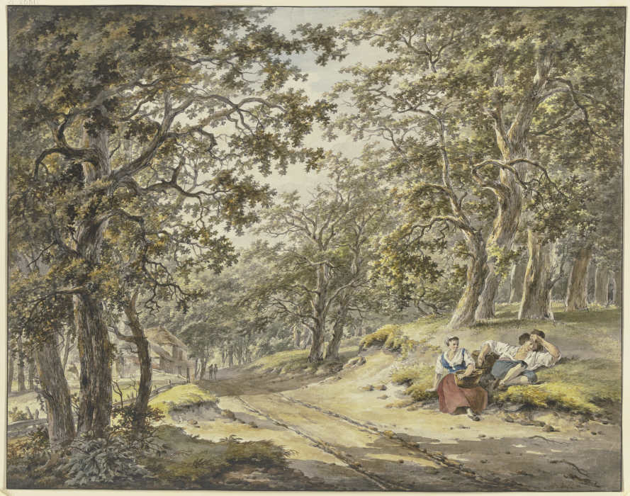 Weg durch den Wald an einem Gehöft vorbei, vorn ein ruhender Bauer und Bäuerin mit ihren Körben von Hermanus van Brussel