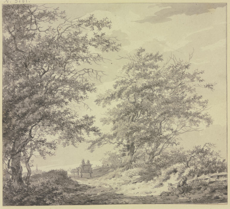 Weg zwischen zwei Baumgruppen mit einem Wagen, rechts am Zaun ein sitzender Mann von Hermanus van Brussel
