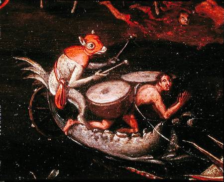 The Inferno, detail of fantastical animals playing the drums on a boat von Herri met de Bles