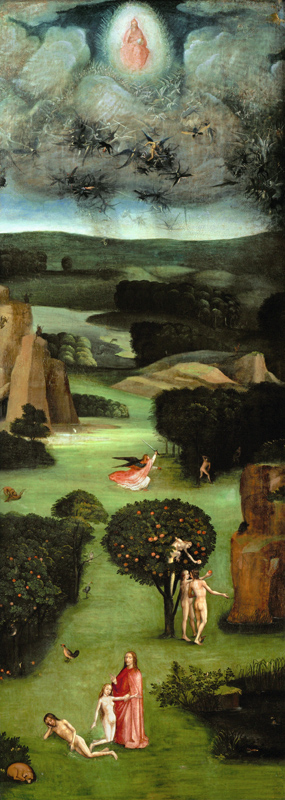 Weltgerichts-Triptychon Linker Flügel: Engelsturz, Erschaffung Evas, Sündenfall, von Hieronymus Bosch