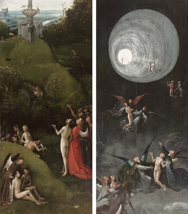 “Das irdische Paradies”, Ausschnitt aus Visionen aus dem Jenseits, Zwei (von vier) Tafeln von Hieronymus Bosch