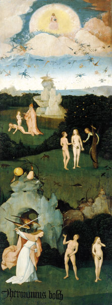 Heuwagen-Triptychon, linker Flügel - Das irdische Paradies von Hieronymus Bosch