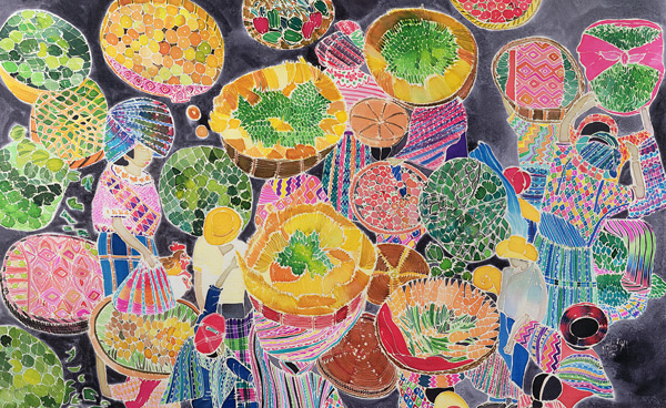 Baskets at Market (coloured inks on silk)  von Hilary  Simon