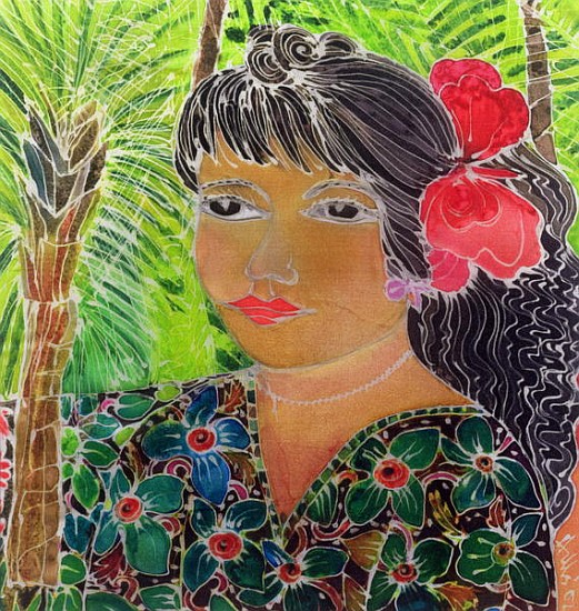 Lady with Hibiscus (coloured inks on silk)  von Hilary  Simon
