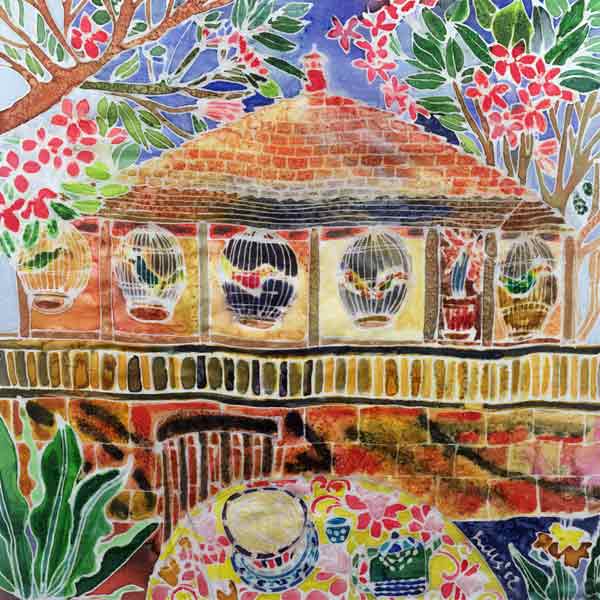 Lotus Cafe, Ubud, Bali, 2002 (coloured ink on silk)  von Hilary  Simon
