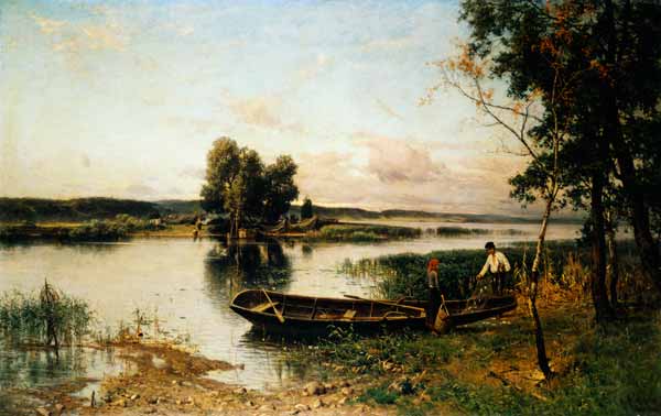 Fishermen unloading their catch in a river landscape von Hjalmar Munsterhjelm