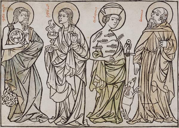 Die hll.Johannes d.T., Johannes Ev., Sebastian und Antonius von Holzschnitt (Mittelalter)