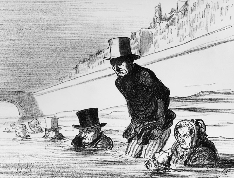 Series ''Actualites'', Parisians already taking their precautions to avoid being roasted the comet,  von Honoré Daumier