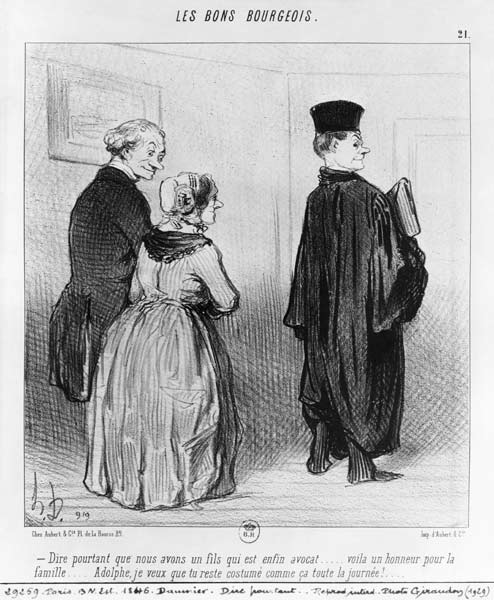 Series ''Les Bons Bourgeois'', Isn''t it marvellous to have a son who is a lawyer, plate 21, illustr von Honoré Daumier