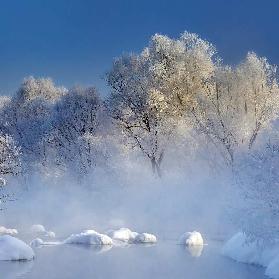 Morning fog and rime in Kuerbin