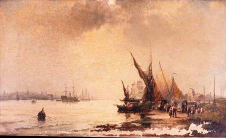 Fisherfolk on the Shore in a Calm Estuary Scene at Daybreak von Hubert Thornley