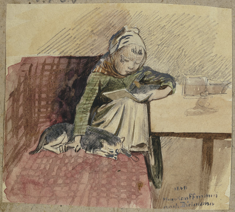 Lesendes Kind mit Katze auf der Bank von Hugo Kauffmann