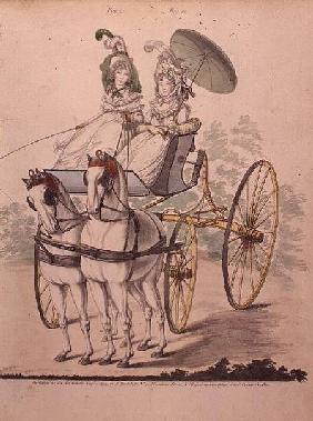 Two young ladies in calico gowns, taking an airing in a phaeton, from 'Gallery of Fashion'