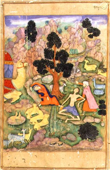 f.28a Layla and Majnun faint at their meeting, illustration to a poem of the Khamsa called 'Majnun L von Husain  Naquash
