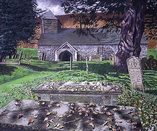 Colva Church, Powys, Autumn Day, 1992 (gouache on card)  von Huw S.  Parsons