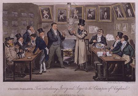 Cribb's Parlour: Tom introducing Jerry and Logic to the Champion of England, from 'Life in London' b von I. Robert & George Cruikshank