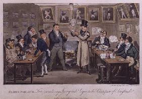 Cribb's Parlour: Tom introducing Jerry and Logic to the Champion of England, from 'Life in London' b 1821 oured