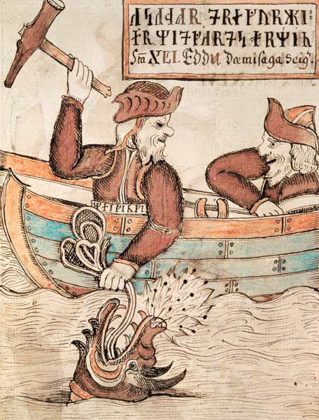 Thor fishing for the serpent of Midgard, from the boat of the giant Hymir von Icelandic School