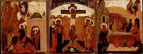 Triptychon Links: Einzug in Jerusalem Mitte: Kreuzigung, rechts Fußwaschung von Ikone (russisch)