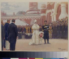 Nikolaus II. empfängt die Vorsteher der Amtsbezirke auf dem Hof des Peterschlosses in Moskau am 18.  1897