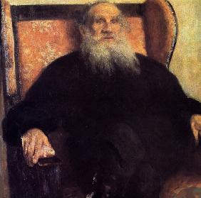 Porträt des Schriftstellers Leo N. Tolstoi (1828-1910) im rosa Sessel 1909
