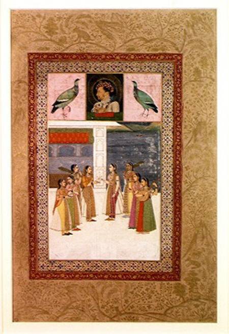 Ms E-14 Portrait of Djahangir (1569-1627) two birds and noble women in conversation von Indian School