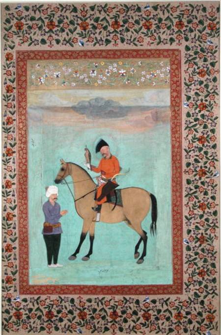 Ms E-14 Shah Abbas (1571-1629) on a horse holding a falcon von Indian School
