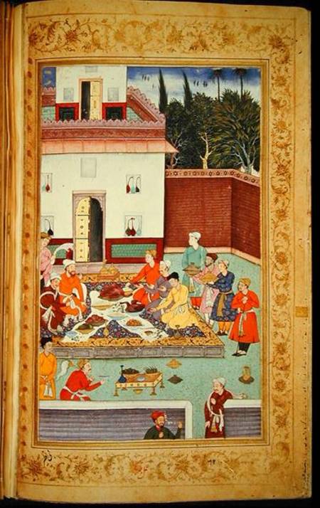 OR 3714 f.260v Mughal Emperor Feasting in a Courtyard, from the Baburnama of Dhanraj von Indian School