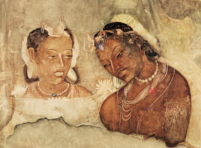 A Princess and her Servant, copy of a fresco from the Ajanta Caves, India von Indian School
