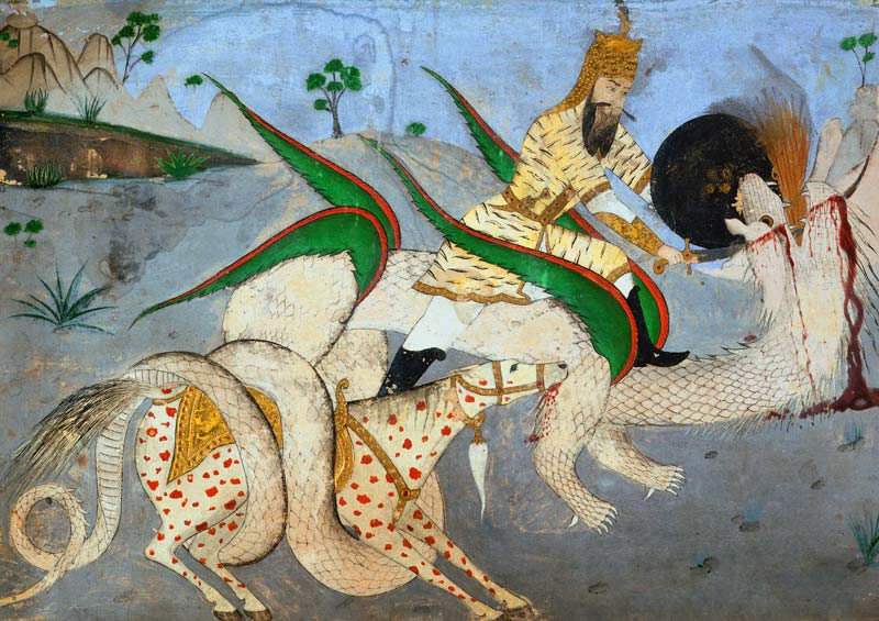 A mounted warrior attacking a dragon, illustration from a book on Indian mystics von Indian School