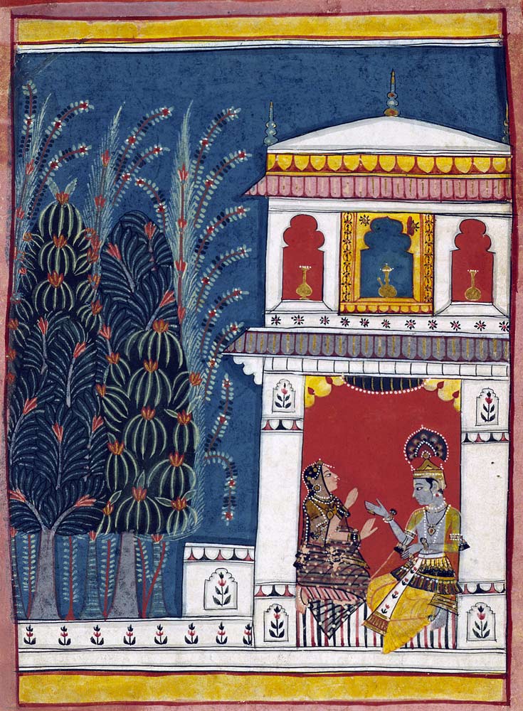 Krishna and a lady in a pavilion von Indian School