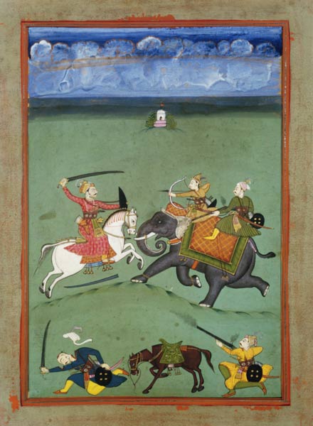 A Prince Fighting his Enemies on an Elephant von Indian School