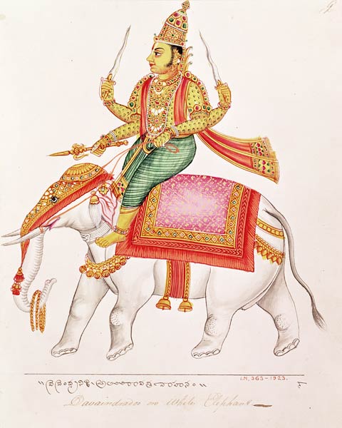 Indra, God of Storms, riding on an elephant, 1820-25 von Indian School