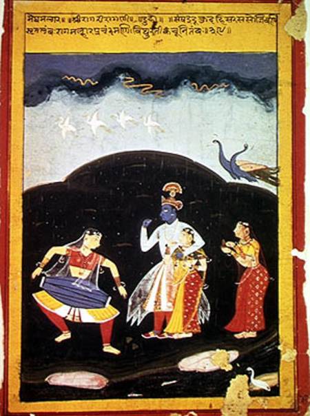 Krishna and Radha in the rain with two musicians, Rajasthan von Indian School